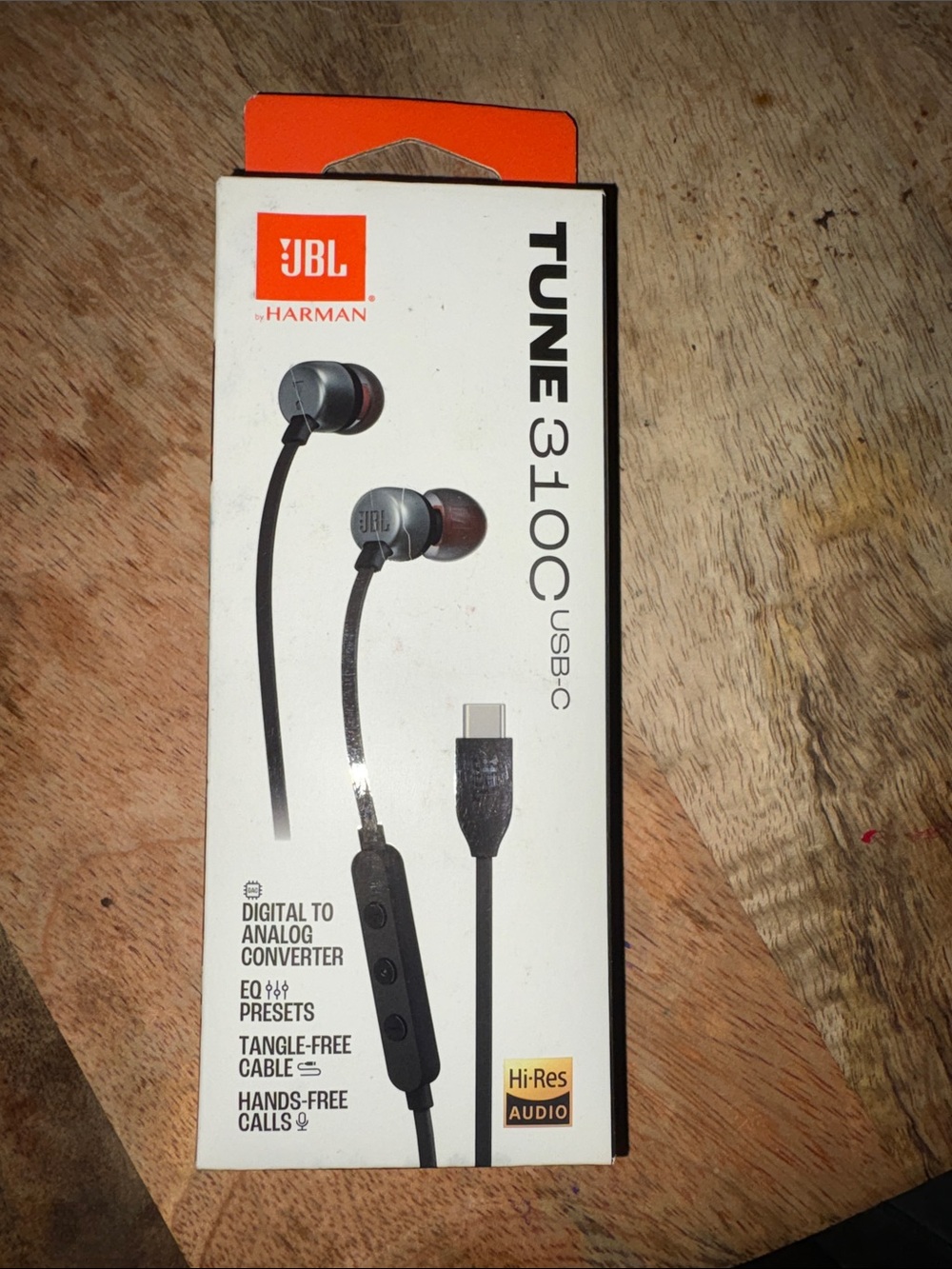 JBL Tune 310C USB-C In-Ear Headphones – Black with Orange Accent Box